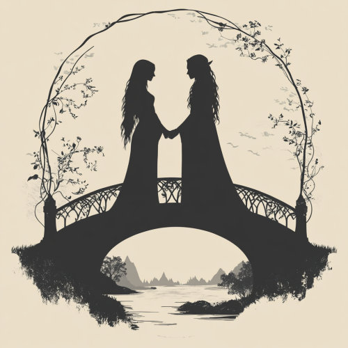 Lord of the Rings Wedding Logo with Aragon and Arwen Silhouettes Holding Hands on Elven Bridge