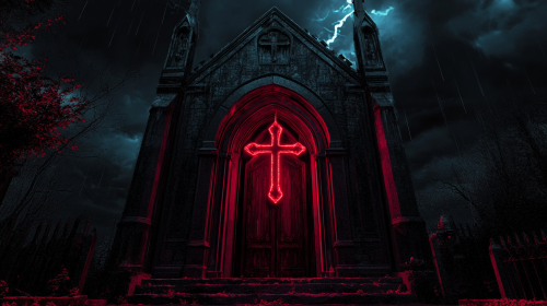 Low angle shot of satanic church entrance with Manuelino touches, inverted cross, demon eyes, dark sky.