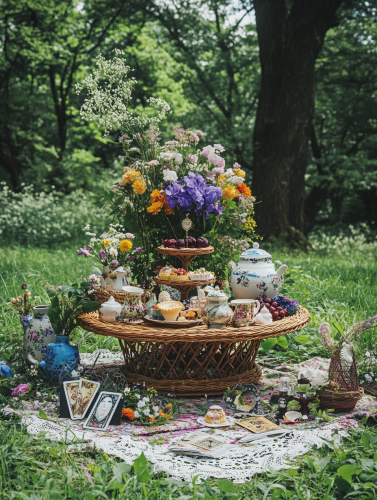 Low wicker altar with spring flowers in Japan park.