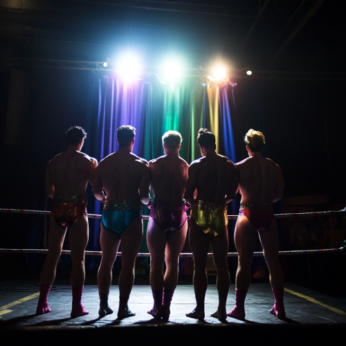 Luchadors Awaiting Match in Spotlighted Ring