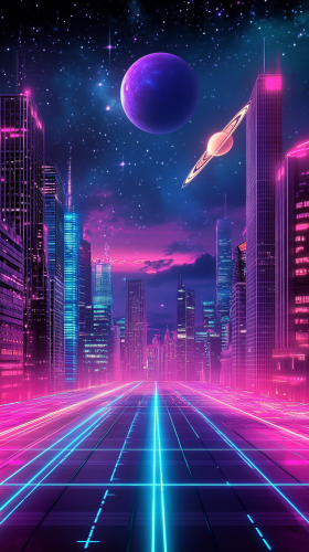 Lunar surface with neon lights, tall skyscrapers, Saturn visible.