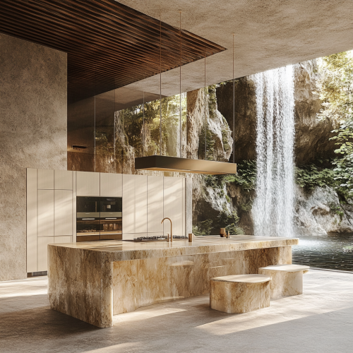 Luxurious Cliffside Mansion Kitchen with Waterfall Views