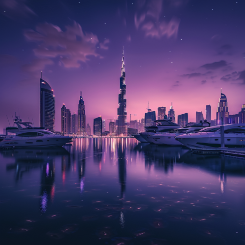 Luxurious Dubai skyline with glowing city lights and yachts