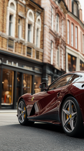 Luxurious Ferrari Superfast in a sophisticated shopping district