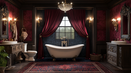 Luxurious Gothic bathroom with velvet drapes, crystal fixtures.