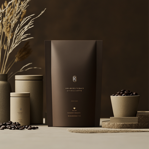 Luxurious Hodder's Artisan Coffee packaging in brown and gold.