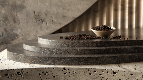 Luxurious Kampot black peppercorn still-life composition