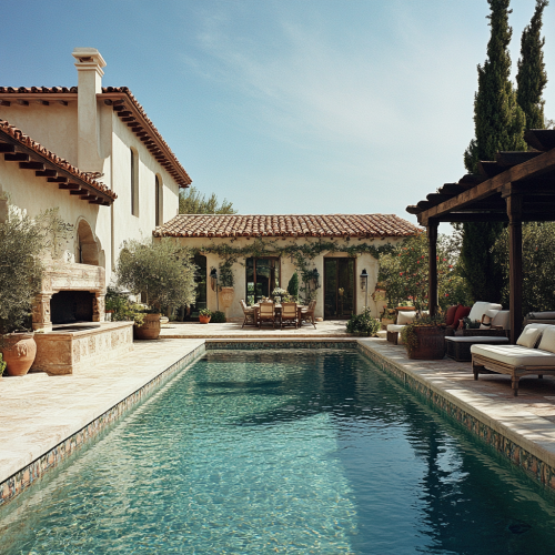 Luxurious Spanish-style villa backyard with elegant swimming pool