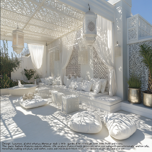 Luxurious all-white Moroccan-style roof garden with intricate patterns