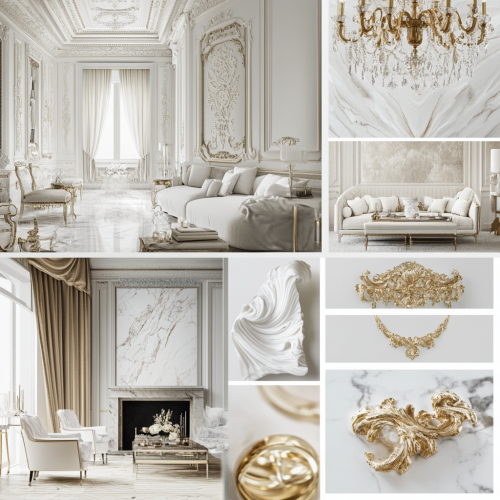 Luxurious classical living room with white and gold