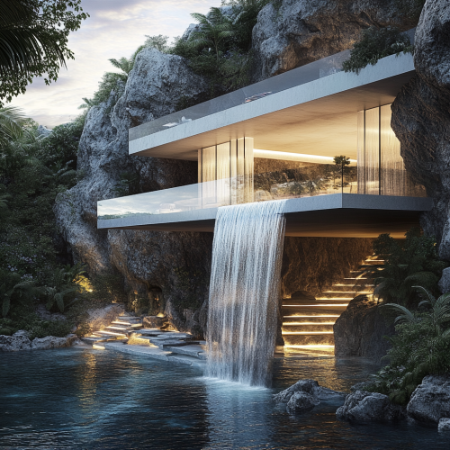 Luxurious cliff-side mansion with waterfall view