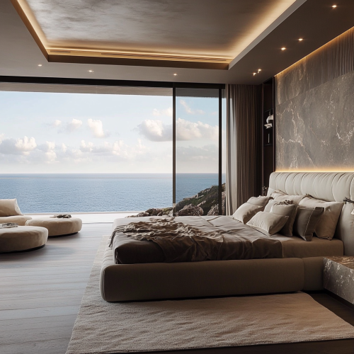 Luxurious cliffside master bedroom with minimalist elegance