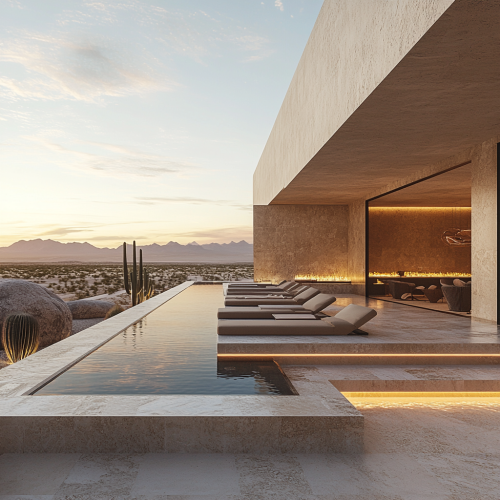 Luxurious desert mansion outdoor space with infinity pool