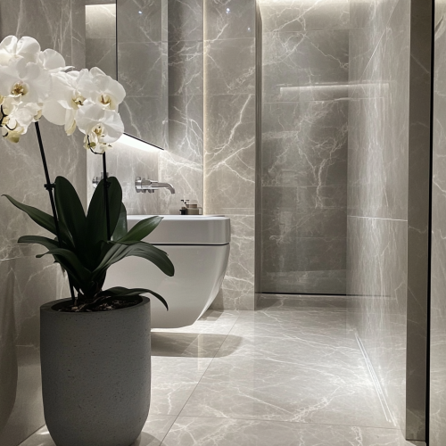 Luxurious gray bathroom with marble walls and floor