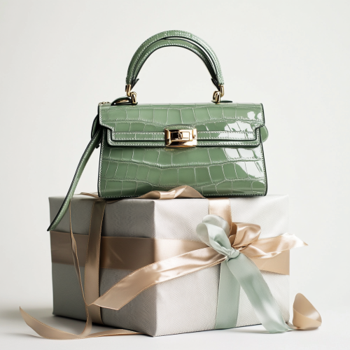 Luxurious green purse on present, elegant and festive