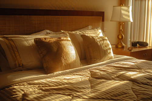 Luxurious hotel bed with pillows in warm light