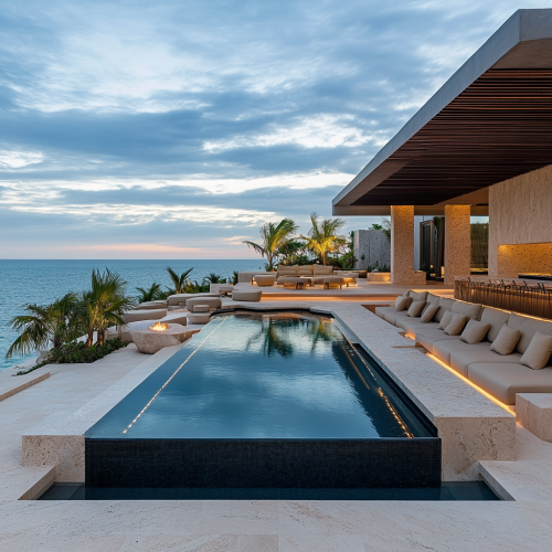 Luxurious island mansion's outdoor paradise with infinity pool