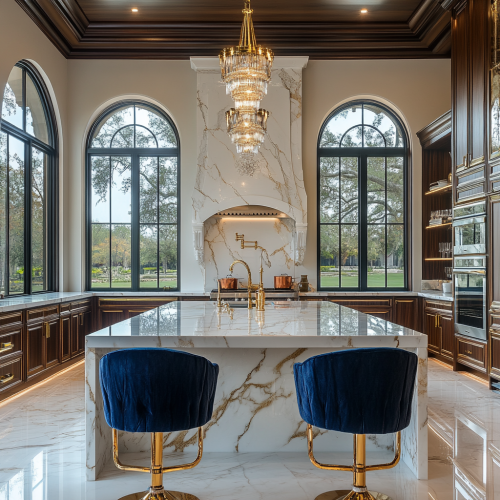 Luxurious mansion kitchen with marble island and elegance