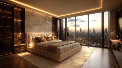 Luxurious modern bedroom with king-sized bed and elegant lighting.