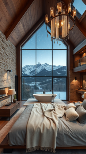 Luxurious mountain lodge bedroom with rustic design.