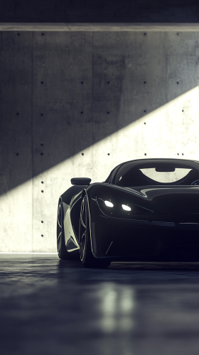 Luxurious sports car in modern garage at night