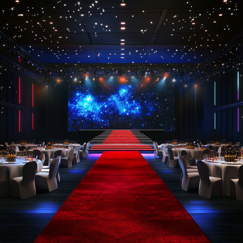 Luxurious stage with LED screen, starry sky effect, projectors.