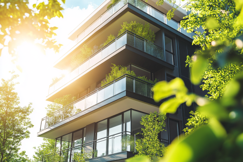 Luxurious tall building with balconies and plants