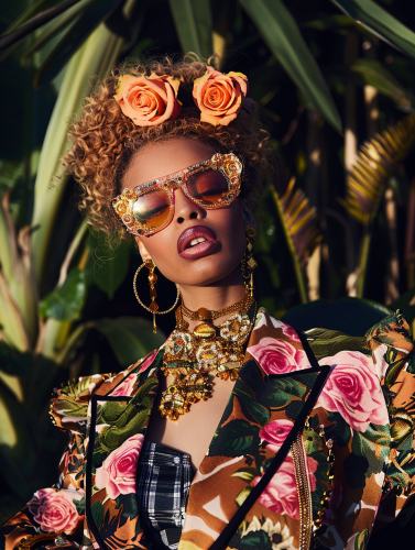 Luxurious woman with bold style in opulent blazer.