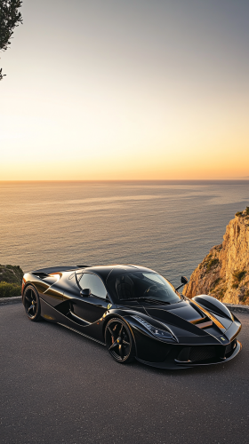 Luxury Ferrari parked on cliff overlooking sea at sunset.