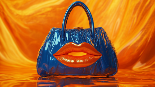 Luxury blue purse with vibrant orange lip print