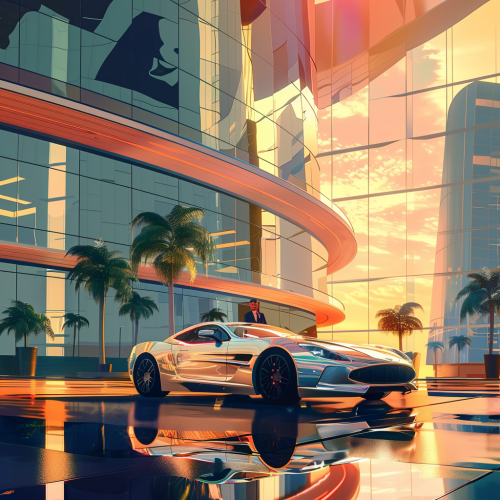 Luxury car drives through modern real estate area.