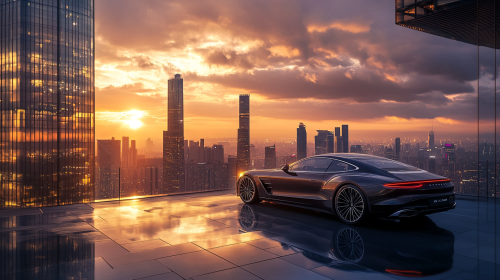 Luxury car on rooftop with city view at sunset.