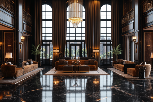 Luxury living room with dark marble, velvet sofas