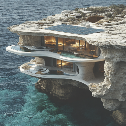 Luxury mansion hanging from cliff near ocean.