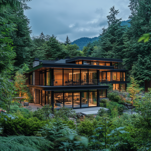 Luxury modern building in North Vancouver with lush forests