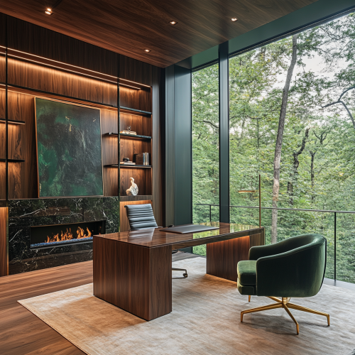 Luxury private office with forest view and modern decor