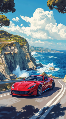 Luxury sports car on coastal highway by cliffs.