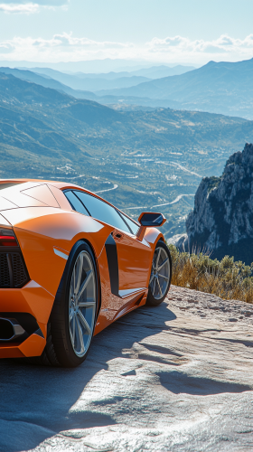 Luxury sports car on mountain overlook, vibrant orange.