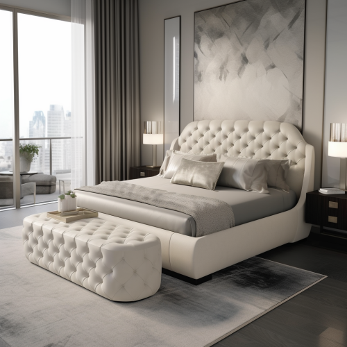 Luxury white bed with oversized headboard and modern design