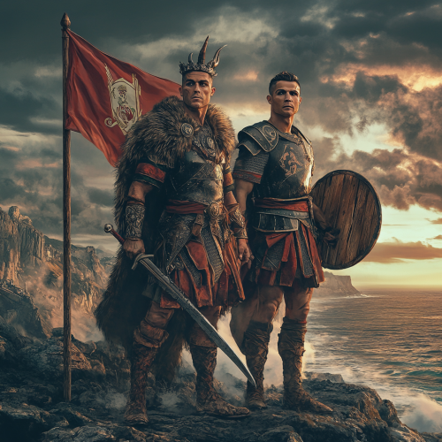Luís Figo and Cristiano Ronaldo as Viking warriors.