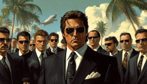 Mafia boss with employees in Miami, wearing black suits.