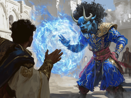 Mage Banishing Minotaur with Spell near Castle.