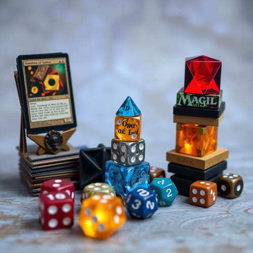 Magic cards and magical dice create a stack.