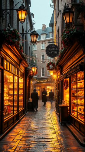 Magical alleyway with shops and festive decorations.