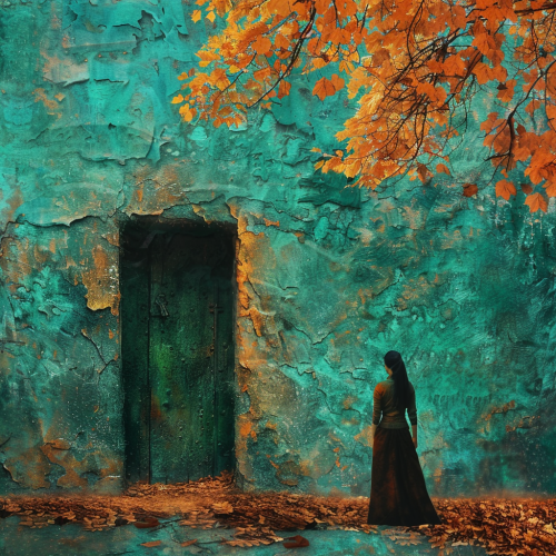 Magical door from summer to fall in nature