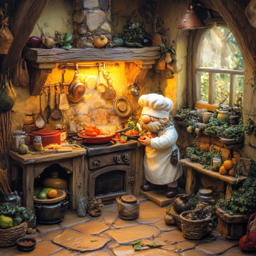 Magical kitchen with gnome chef cooking stew
