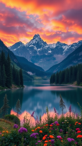 Magical landscape: lake, forests, mountains, sky colors. Magical landscape: lake, forests, mountains, sky colors.