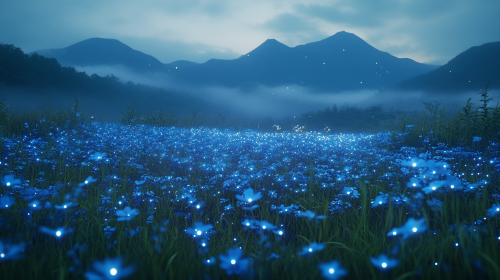 Magical mountains with blue plants and fireflies glow