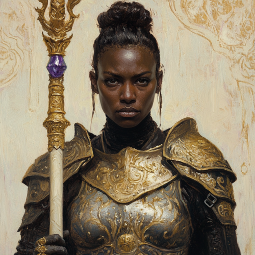 Magical warrior woman in shiny armor and staff.