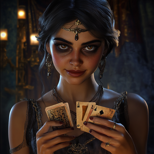 Magician girl in flapper dress plays cards magically.